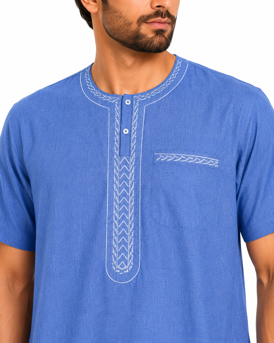 Men's Jalabiya - Design 2 - Curious Blue - embroidery close-up