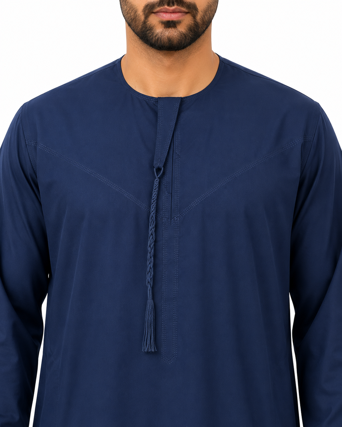 Men's Kandura - Design 2 - Navy Blue - neckline and tassel close-up