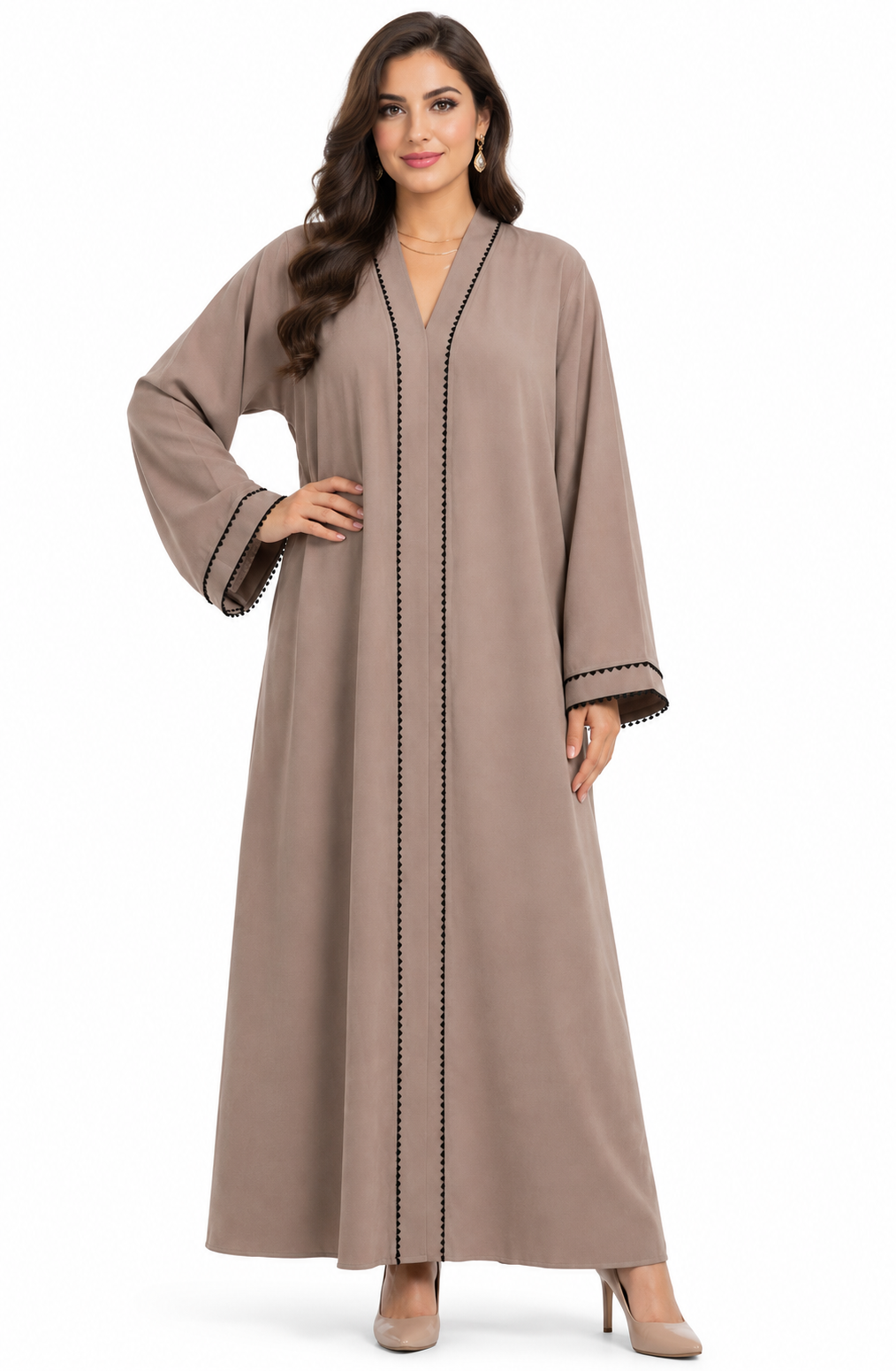 Taupe Abaya with Contrast Pom-Pom Trim