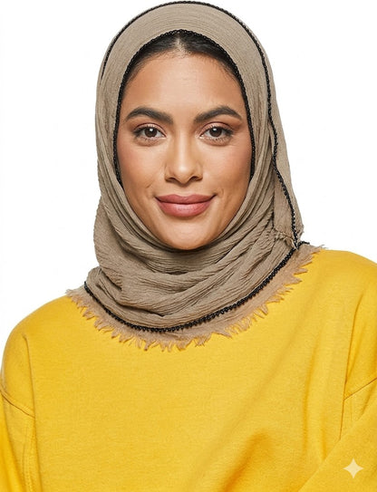 SHADOW Premium Crinkle Cotton Hijab with Black Crochet Lace Border & Fringed Edges