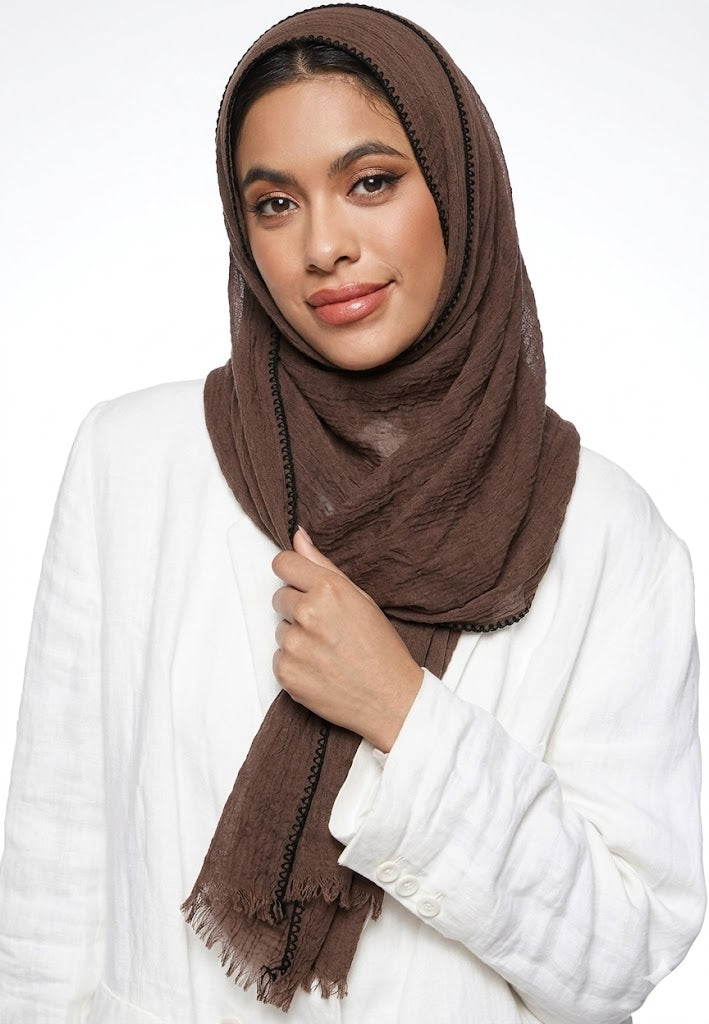 SHADOW Premium Crinkle Cotton Hijab with Black Crochet Lace Border & Fringed Edges