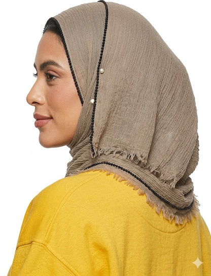 SHADOW Premium Crinkle Cotton Hijab with Black Crochet Lace Border & Fringed Edges