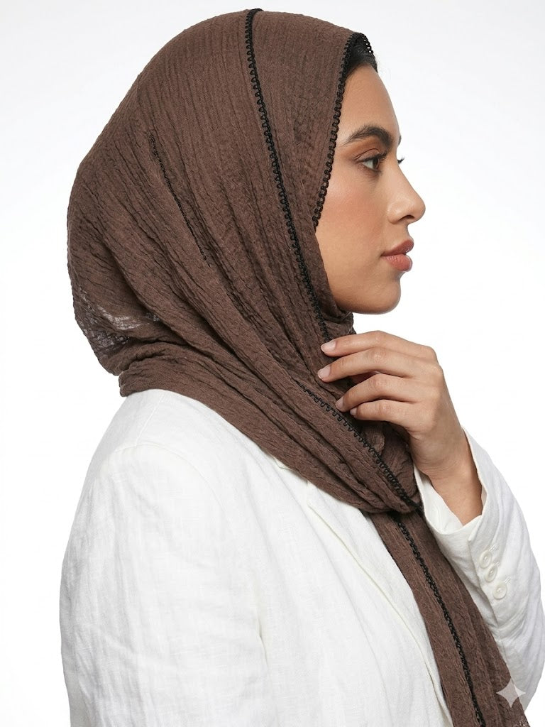 SHADOW Premium Crinkle Cotton Hijab with Black Crochet Lace Border & Fringed Edges