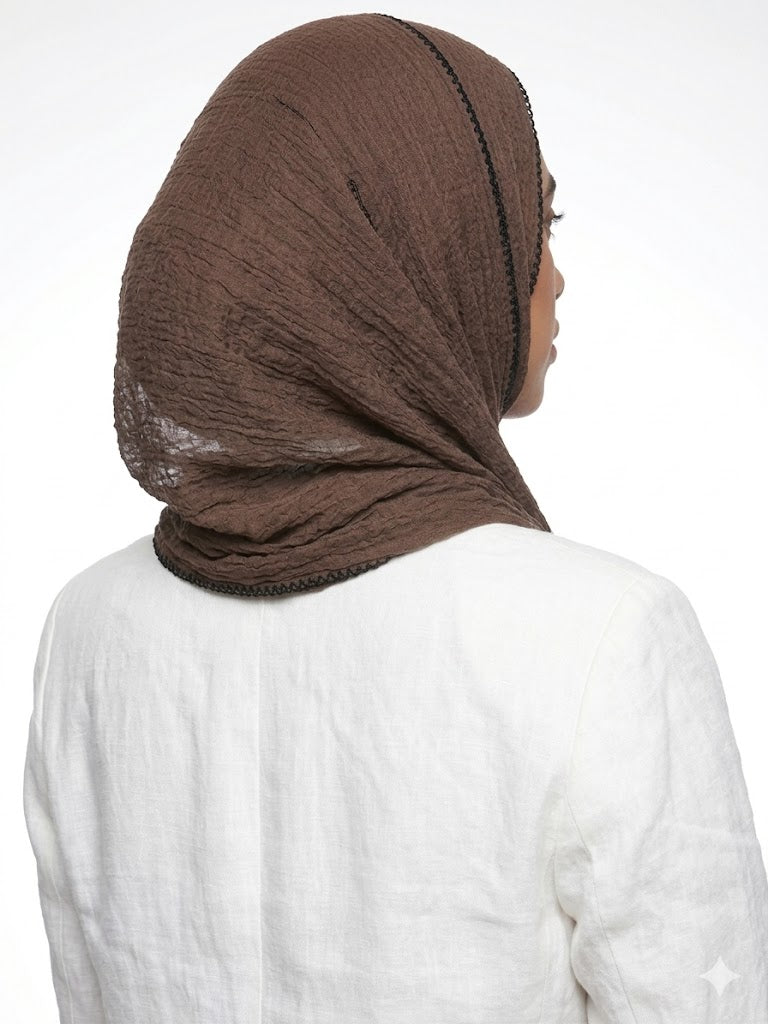 SHADOW Premium Crinkle Cotton Hijab with Black Crochet Lace Border & Fringed Edges