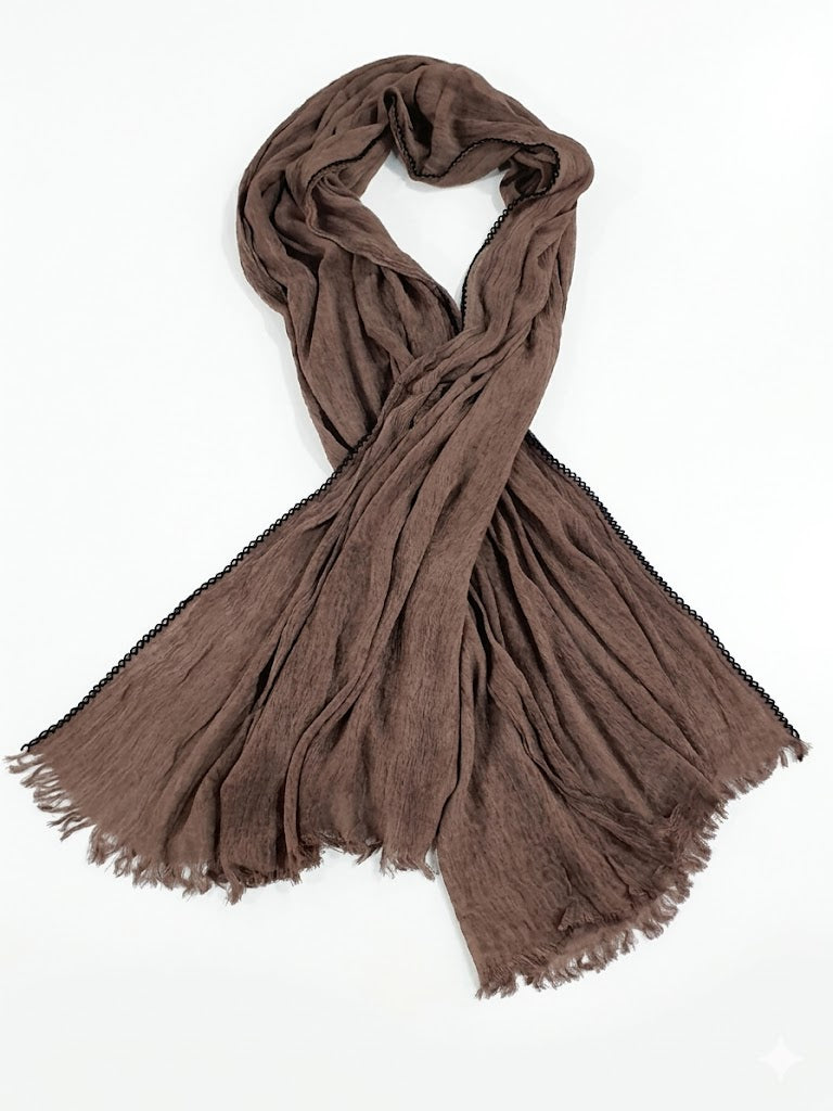 SHADOW Premium Crinkle Cotton Hijab with Black Crochet Lace Border & Fringed Edges