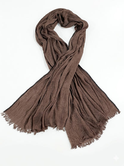 SHADOW Premium Crinkle Cotton Hijab with Black Crochet Lace Border & Fringed Edges