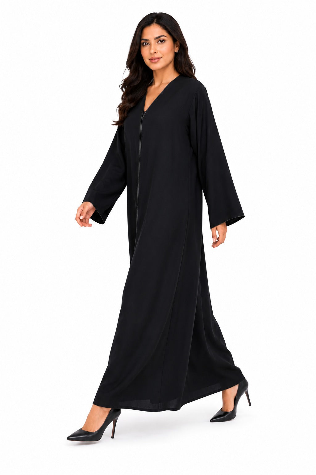 Women's Black V-Neck Open Front Abaya
