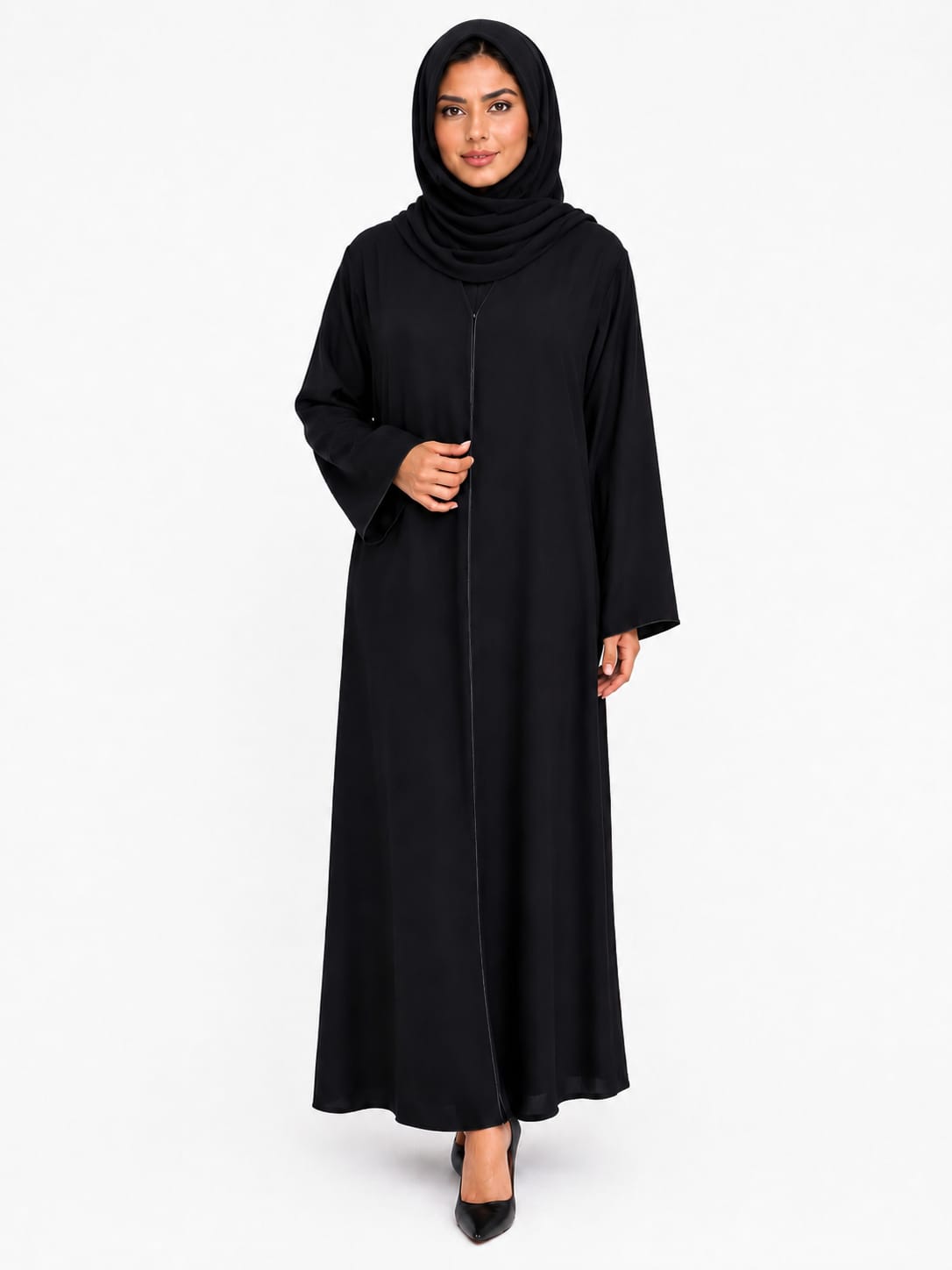 Women's Black V-Neck Open Front Abaya