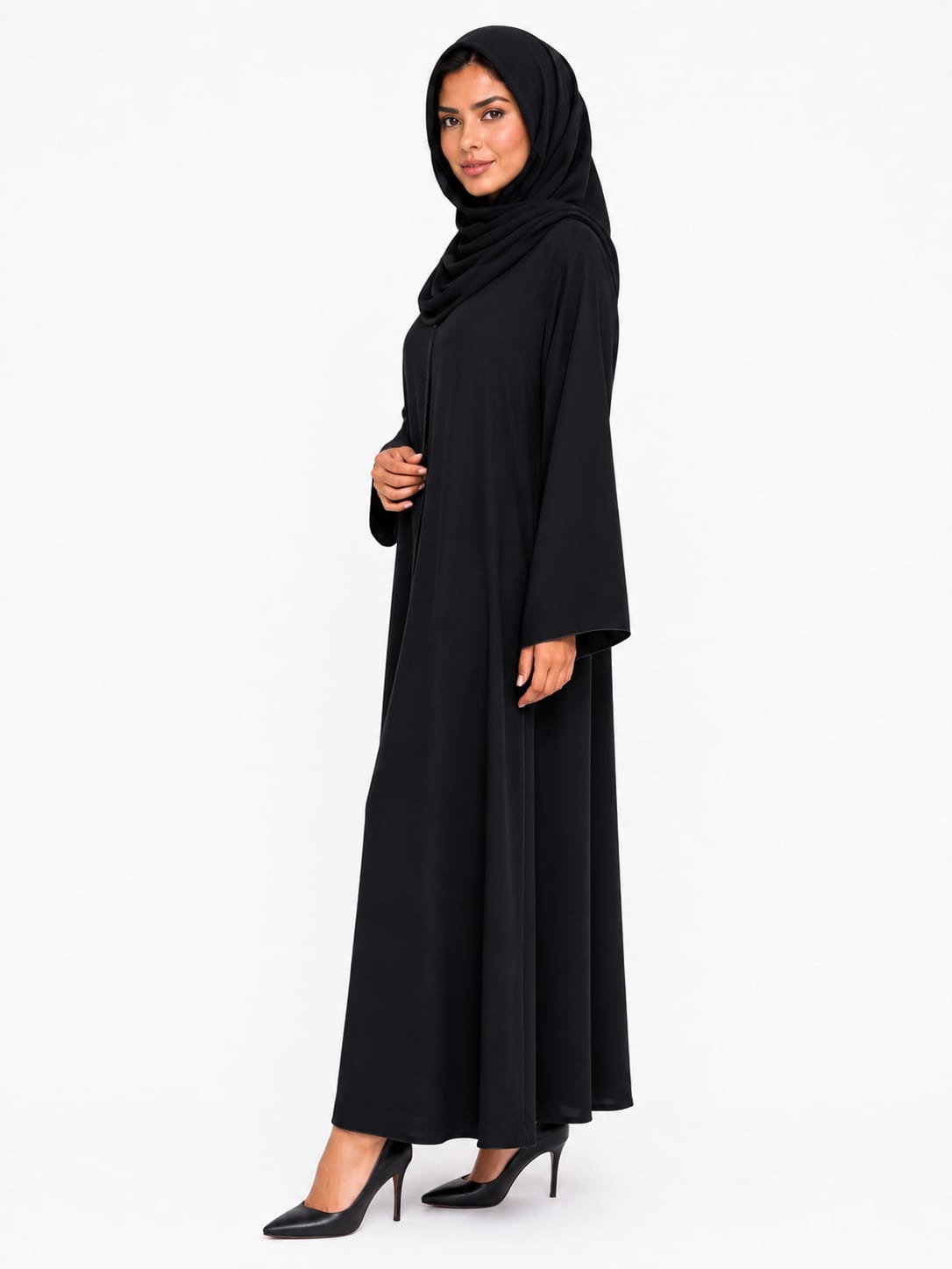 Women's Black V-Neck Open Front Abaya