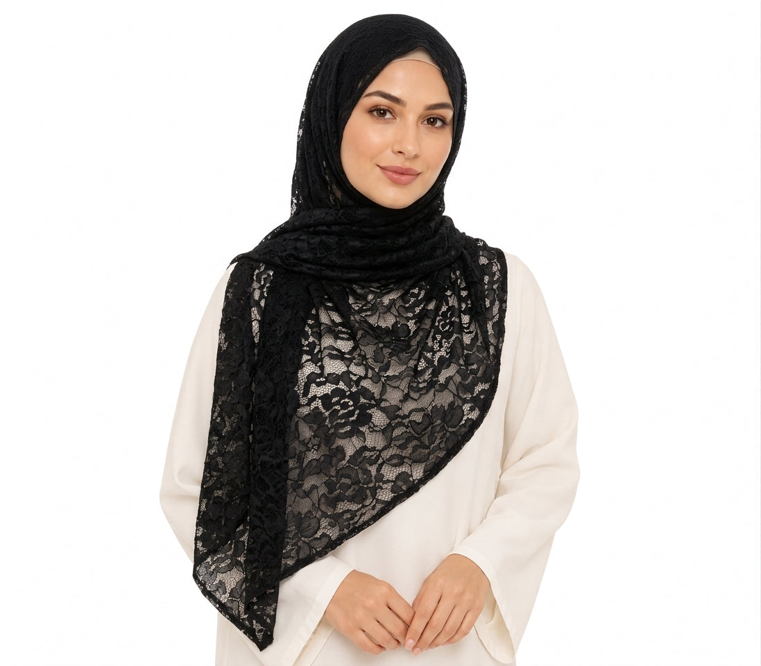 Floral Lace Shailah with Scalloped Edge - Black
