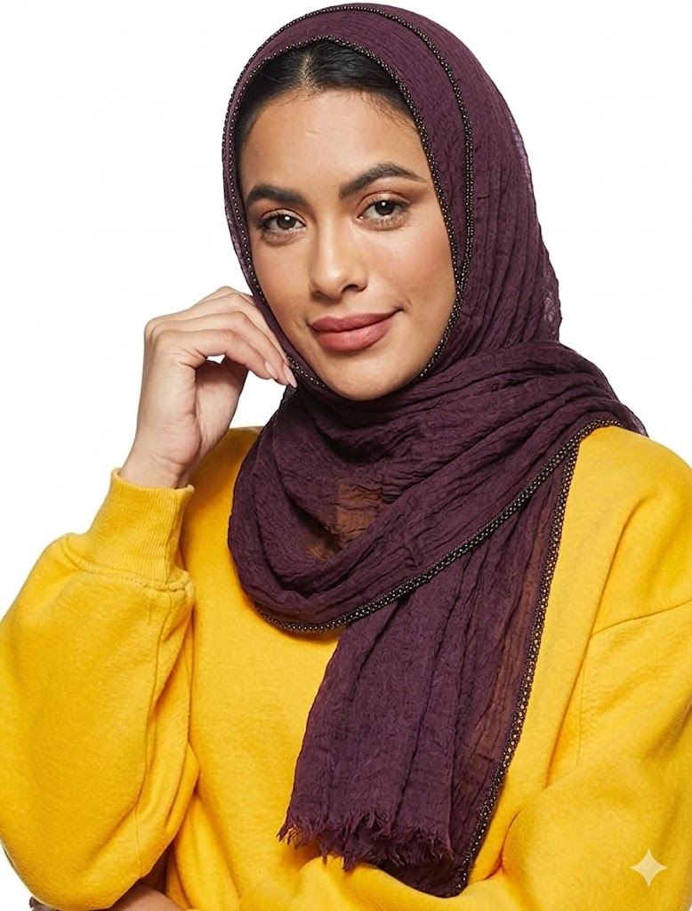 SHADOW Premium Crinkle Cotton Hijab with Black Crochet Lace Border & Fringed Edges