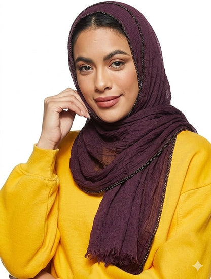 SHADOW Premium Crinkle Cotton Hijab with Black Crochet Lace Border & Fringed Edges