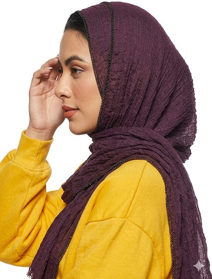 SHADOW Premium Crinkle Cotton Hijab with Black Crochet Lace Border & Fringed Edges