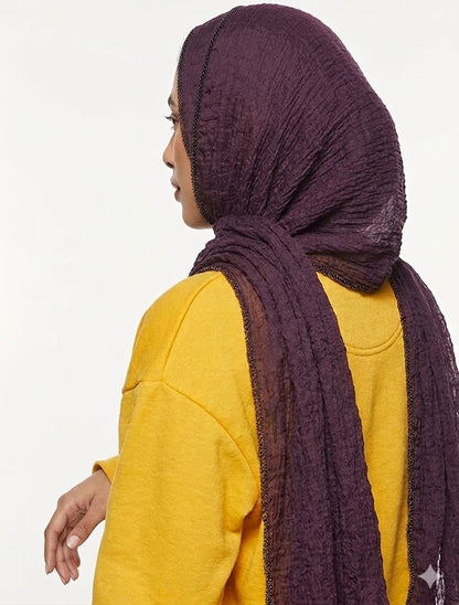 SHADOW Premium Crinkle Cotton Hijab with Black Crochet Lace Border & Fringed Edges