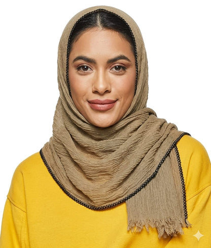SHADOW Premium Crinkle Cotton Hijab with Black Crochet Lace Border & Fringed Edges