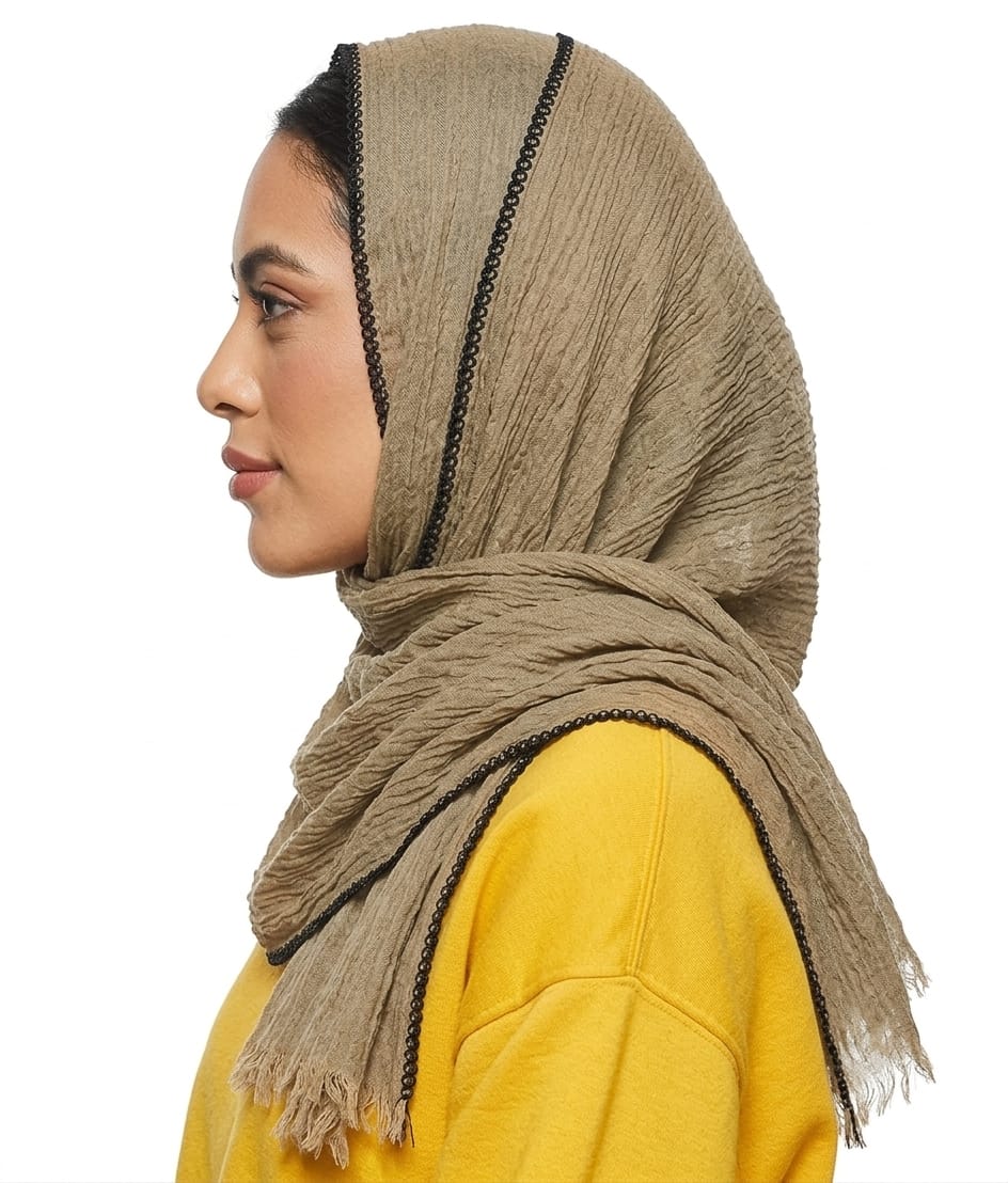 SHADOW Premium Crinkle Cotton Hijab with Black Crochet Lace Border & Fringed Edges