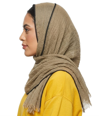 SHADOW Premium Crinkle Cotton Hijab with Black Crochet Lace Border & Fringed Edges