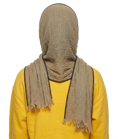 SHADOW Premium Crinkle Cotton Hijab with Black Crochet Lace Border & Fringed Edges