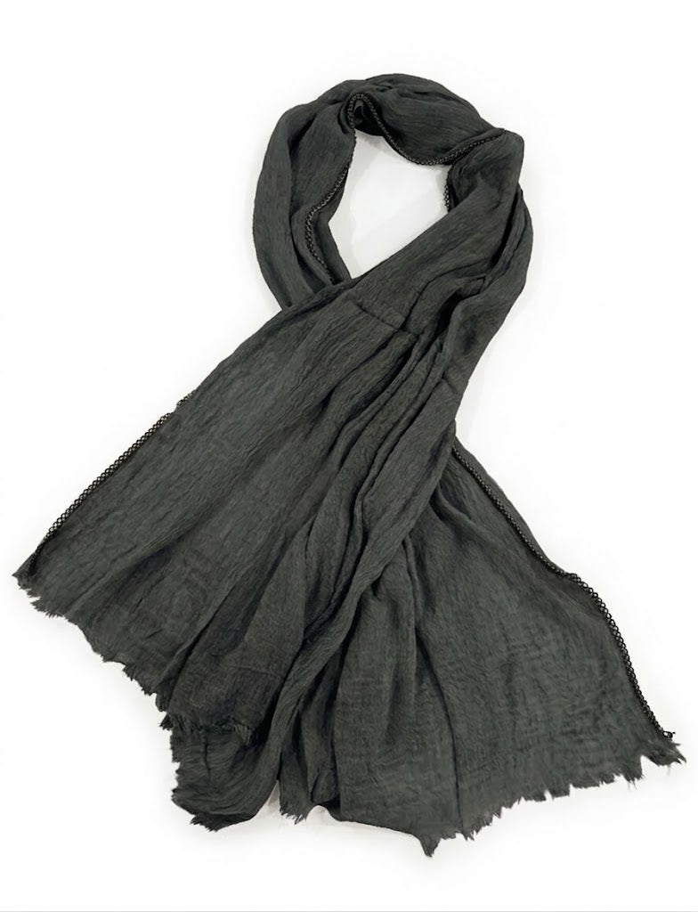 SHADOW Premium Crinkle Cotton Hijab with Black Crochet Lace Border & Fringed Edges