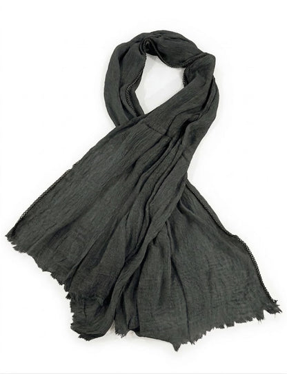 SHADOW Premium Crinkle Cotton Hijab with Black Crochet Lace Border & Fringed Edges