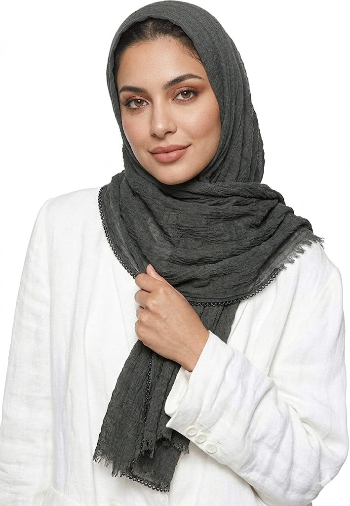 SHADOW Premium Crinkle Cotton Hijab with Black Crochet Lace Border & Fringed Edges