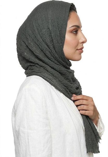 SHADOW Premium Crinkle Cotton Hijab with Black Crochet Lace Border & Fringed Edges