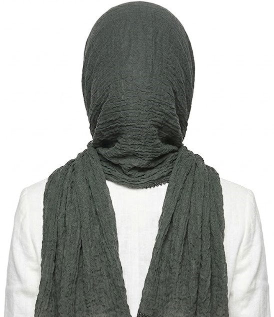 SHADOW Premium Crinkle Cotton Hijab with Black Crochet Lace Border & Fringed Edges