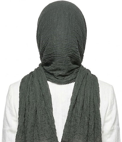 SHADOW Premium Crinkle Cotton Hijab with Black Crochet Lace Border & Fringed Edges