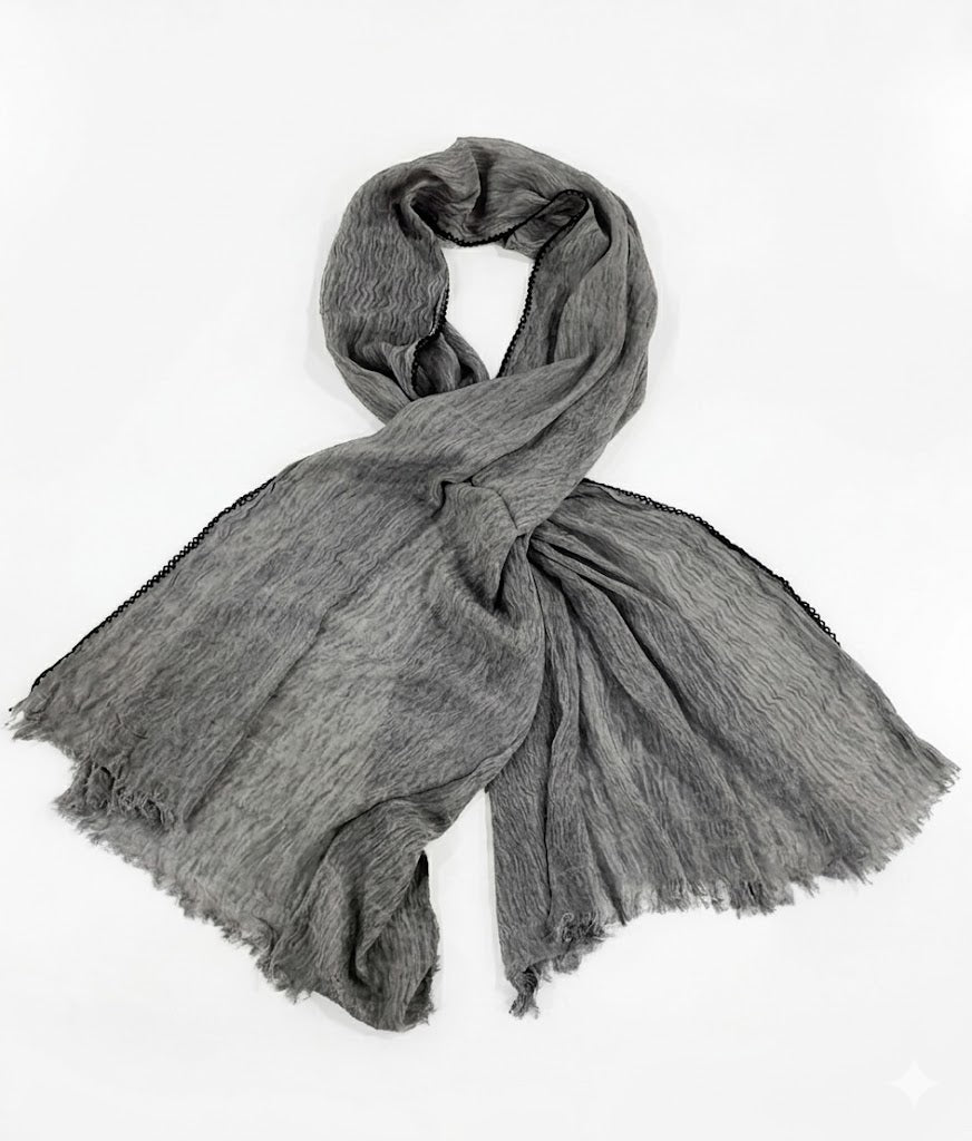 SHADOW Premium Crinkle Cotton Hijab with Black Crochet Lace Border & Fringed Edges