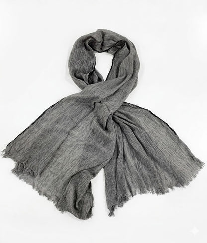 SHADOW Premium Crinkle Cotton Hijab with Black Crochet Lace Border & Fringed Edges