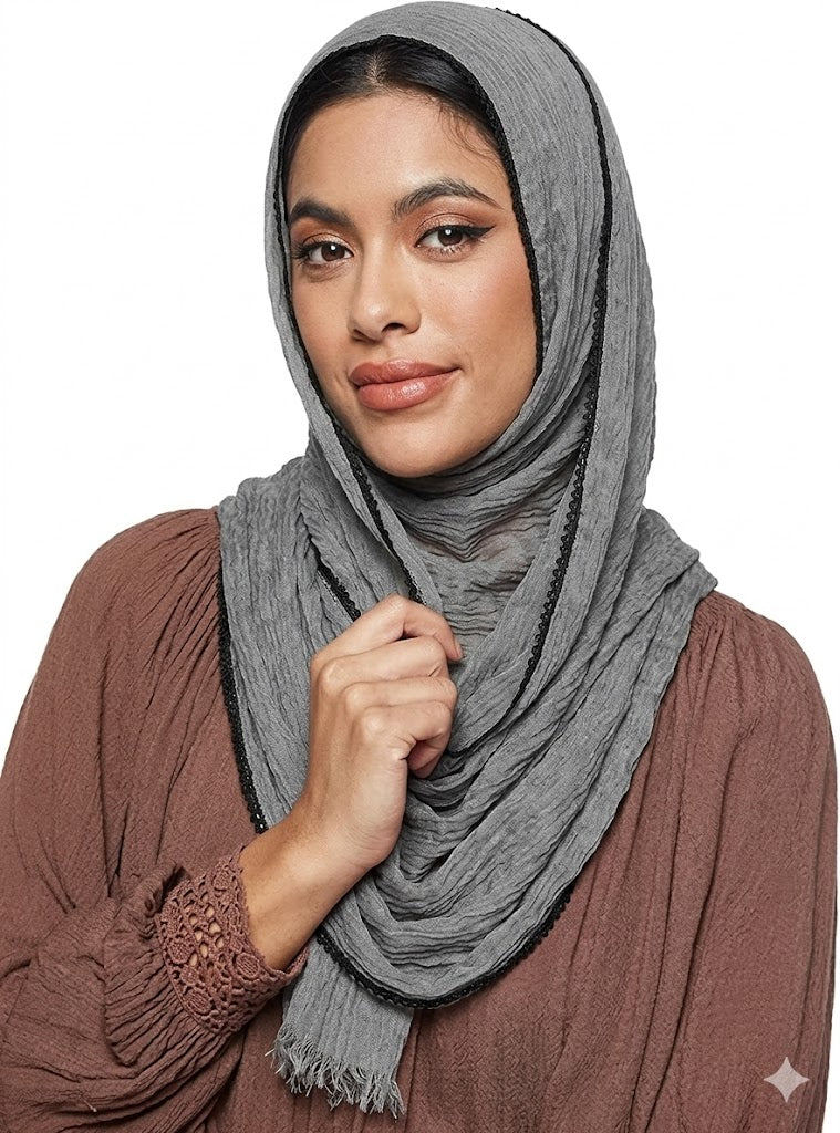SHADOW Premium Crinkle Cotton Hijab with Black Crochet Lace Border & Fringed Edges