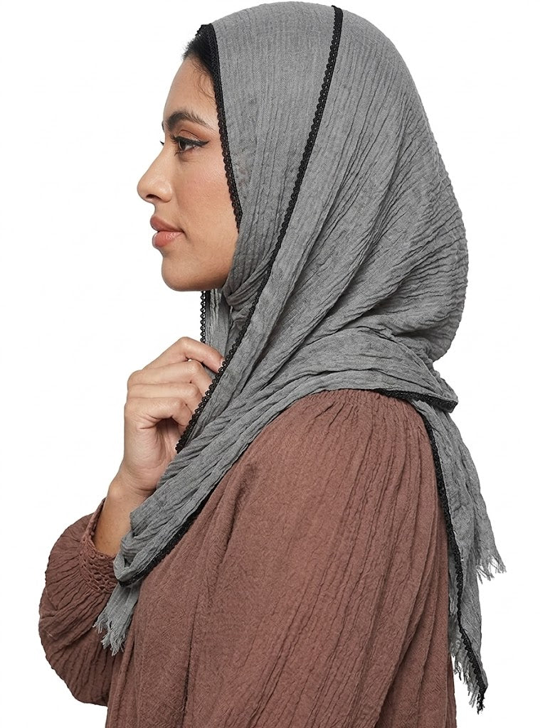 SHADOW Premium Crinkle Cotton Hijab with Black Crochet Lace Border & Fringed Edges