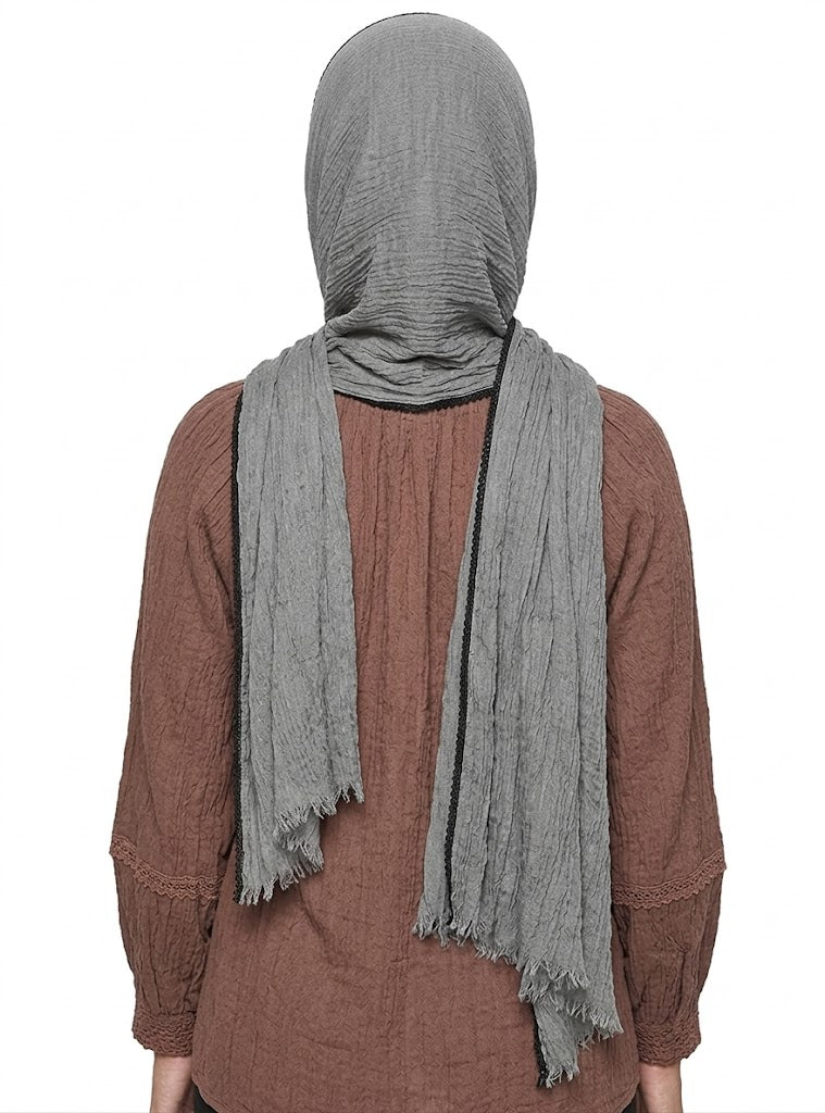 SHADOW Premium Crinkle Cotton Hijab with Black Crochet Lace Border & Fringed Edges