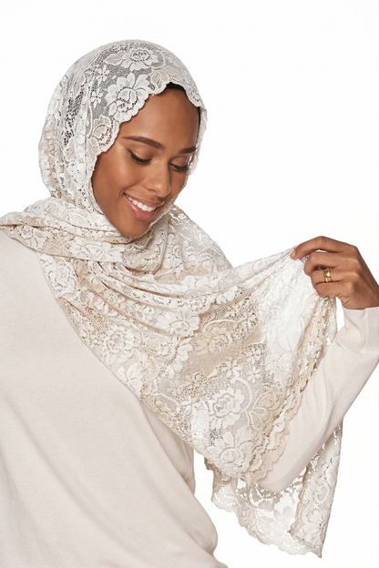 Floral Lace Shailah with Scalloped Edge - Cream