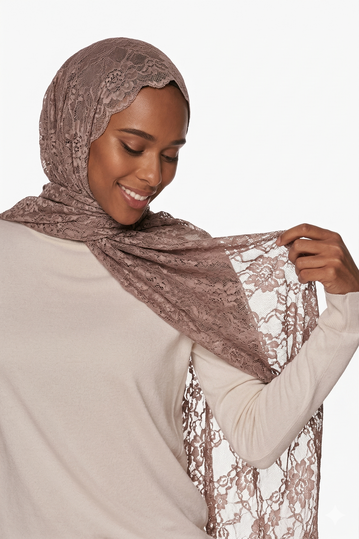 Floral Lace Shailah with Scalloped Edge - Rosey Brown