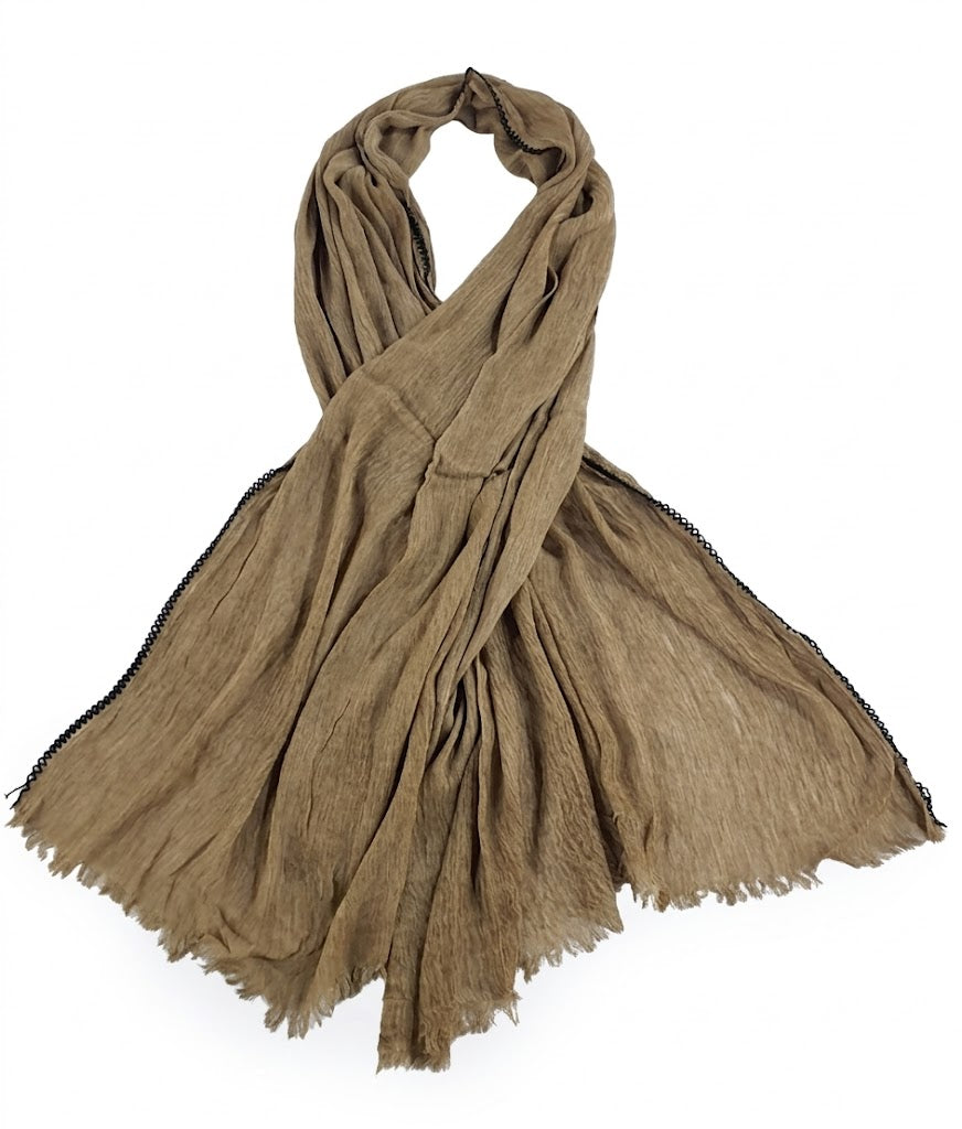 SHADOW Premium Crinkle Cotton Hijab with Black Crochet Lace Border & Fringed Edges