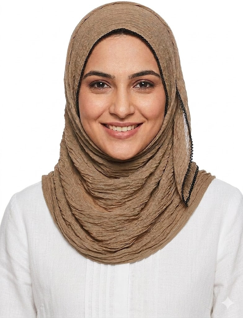 SHADOW Premium Crinkle Cotton Hijab with Black Crochet Lace Border & Fringed Edges