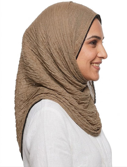SHADOW Premium Crinkle Cotton Hijab with Black Crochet Lace Border & Fringed Edges