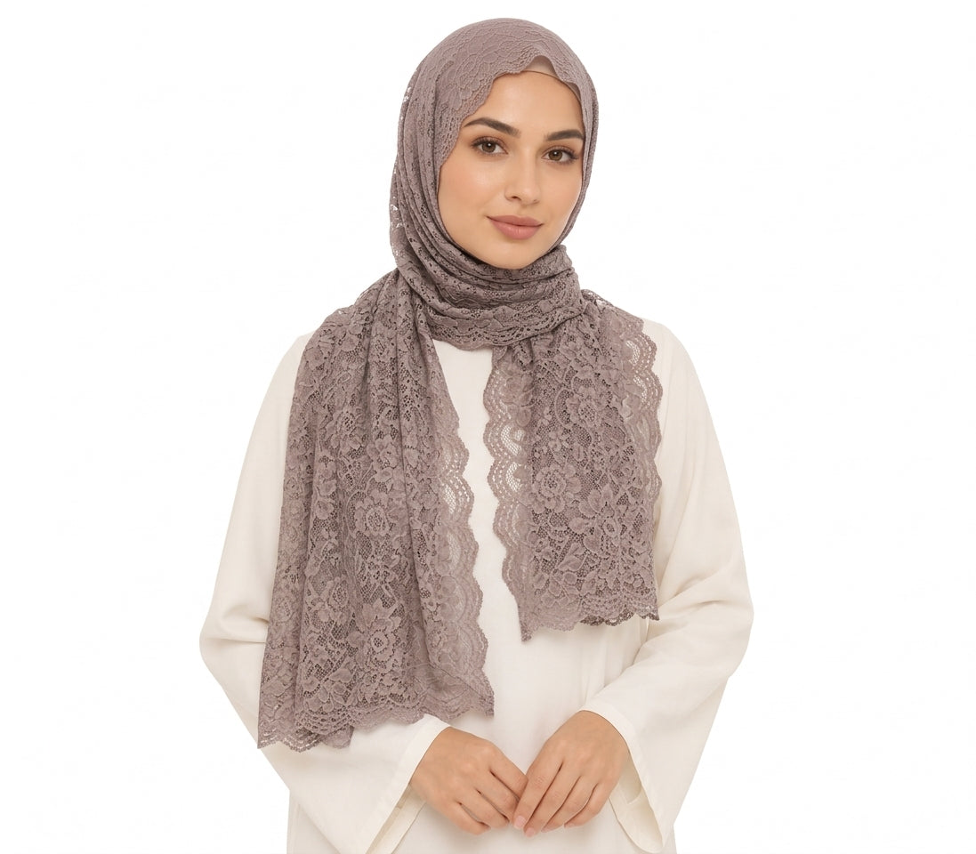 Floral Lace Shailah with Scalloped Edge - Faded Brown