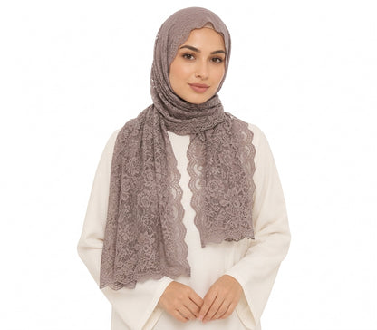 Floral Lace Shailah with Scalloped Edge - Faded Brown