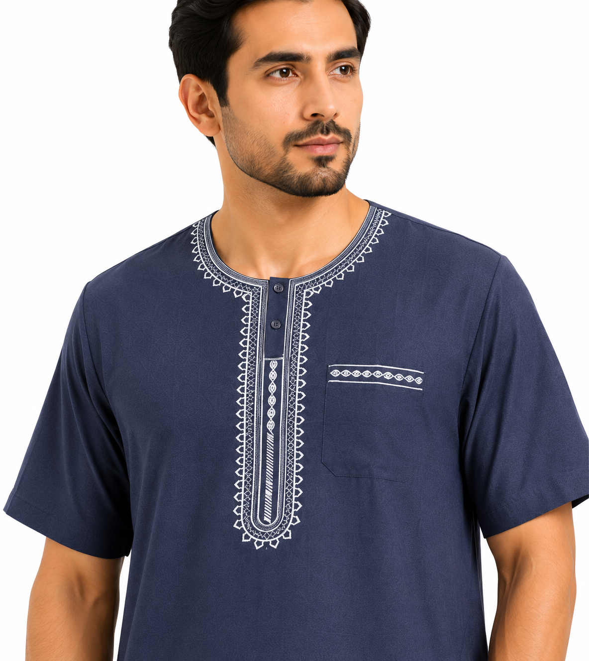 Men's Jalabiya - Design 1 - Navy Blue - embroidery close-up