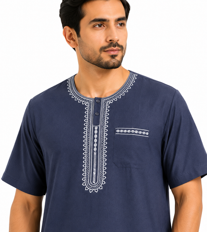 Men's Jalabiya - Design 1 - Navy Blue - embroidery close-up