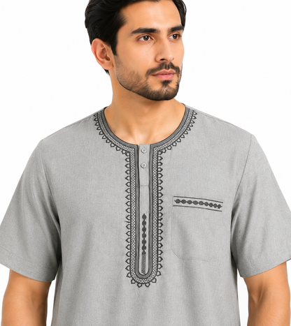 Men's Jalabiya - Design 1 - Silver - embroidery close-up