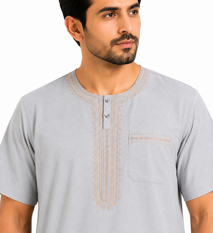 Men's Jalabiya - Design 1 - Light Grey - embroidery close-up