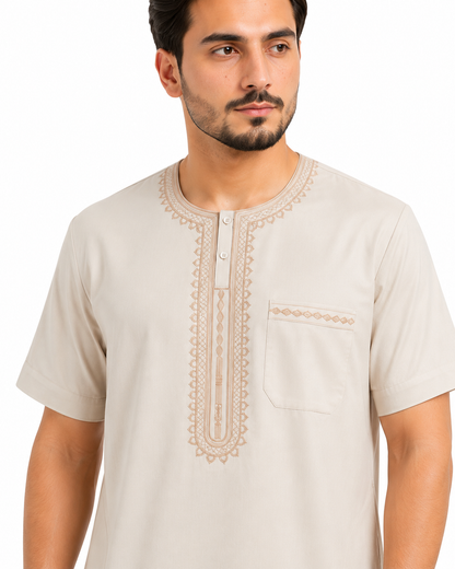 Men's Jalabiya - Design 1 - Cream - embroidery close-up