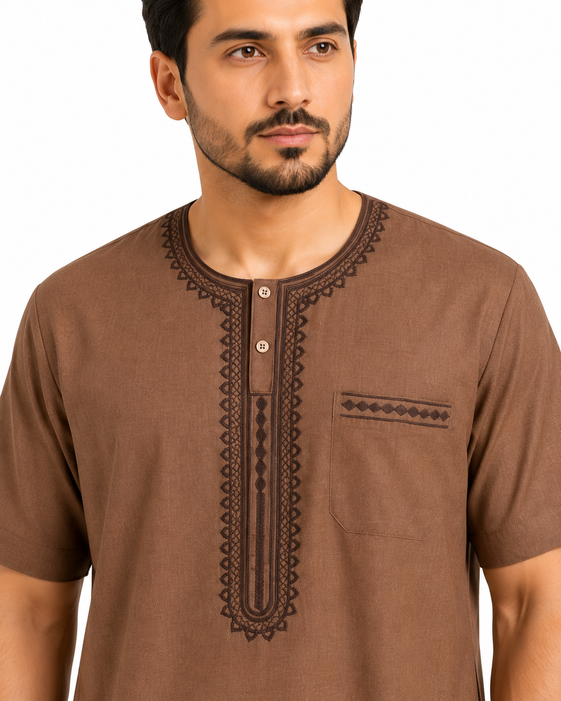 Men's Jalabiya - Design 1 - Brown - embroidery close-up