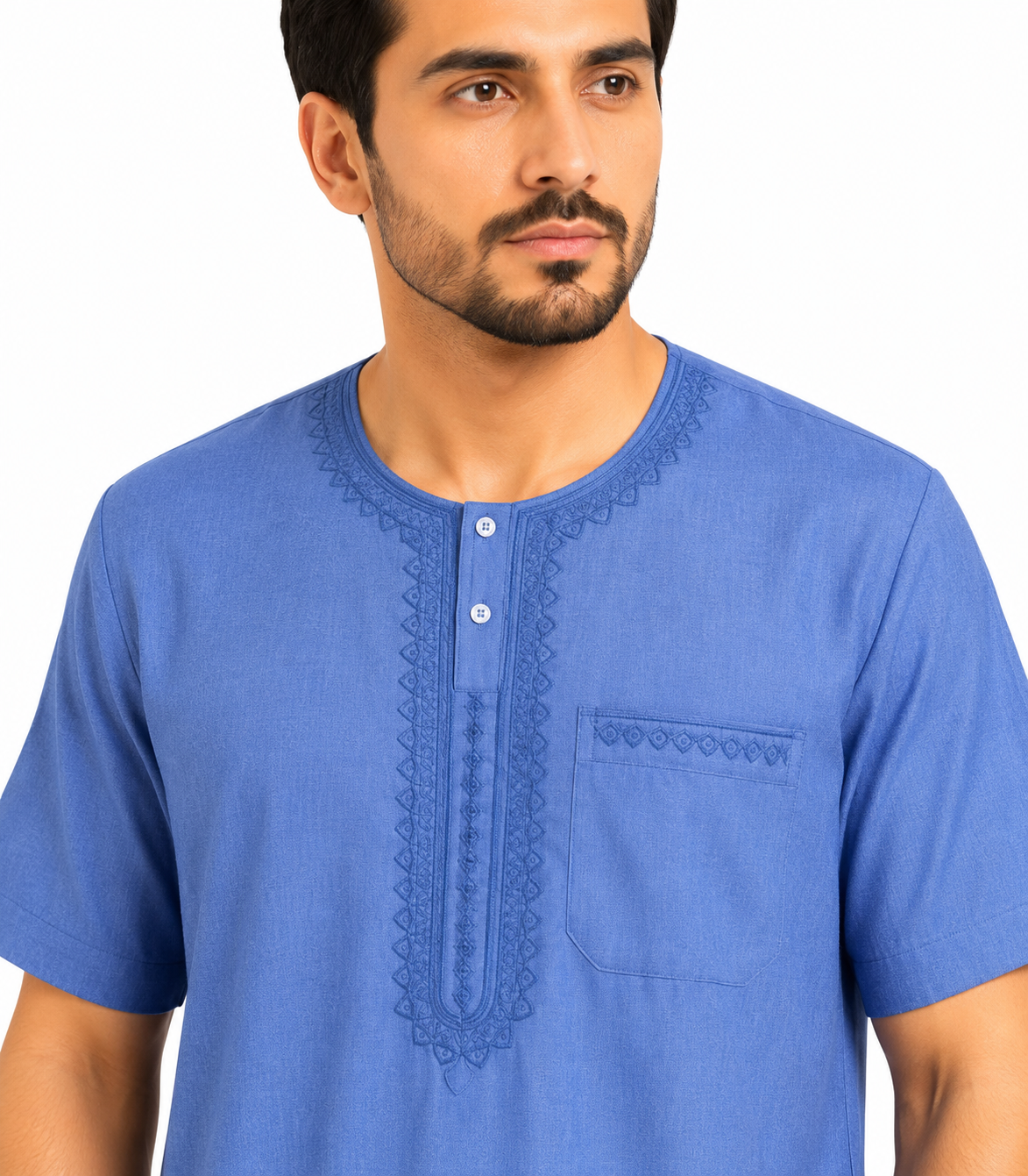 Men's Jalabiya - Design 1 - Curious Blue - embroidery close-up