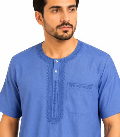 Men's Jalabiya - Design 1 - Curious Blue - embroidery close-up