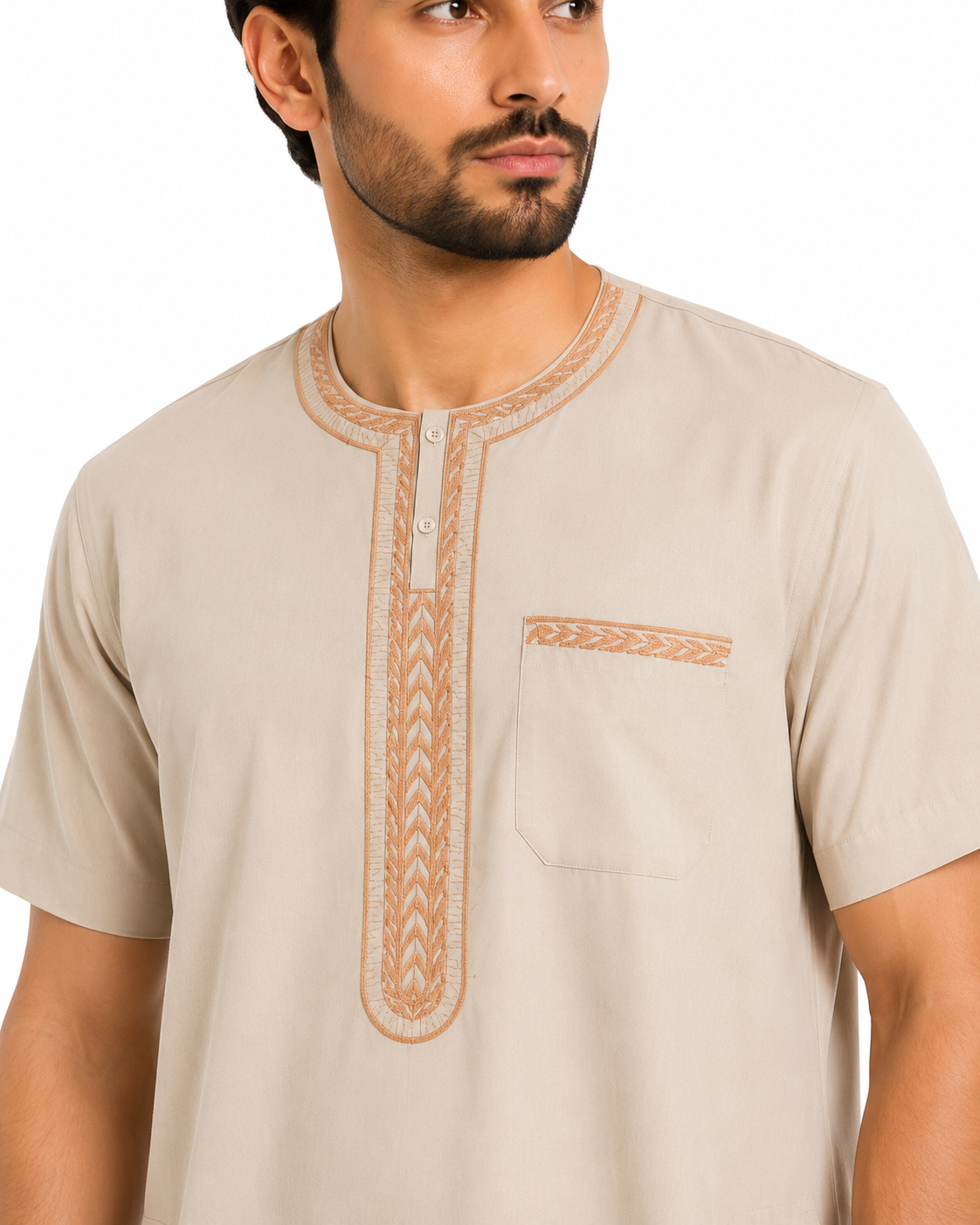 Men's Jalabiya - Design 2 - Beige - embroidery close-up