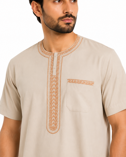 Men's Jalabiya - Design 2 - Beige - embroidery close-up